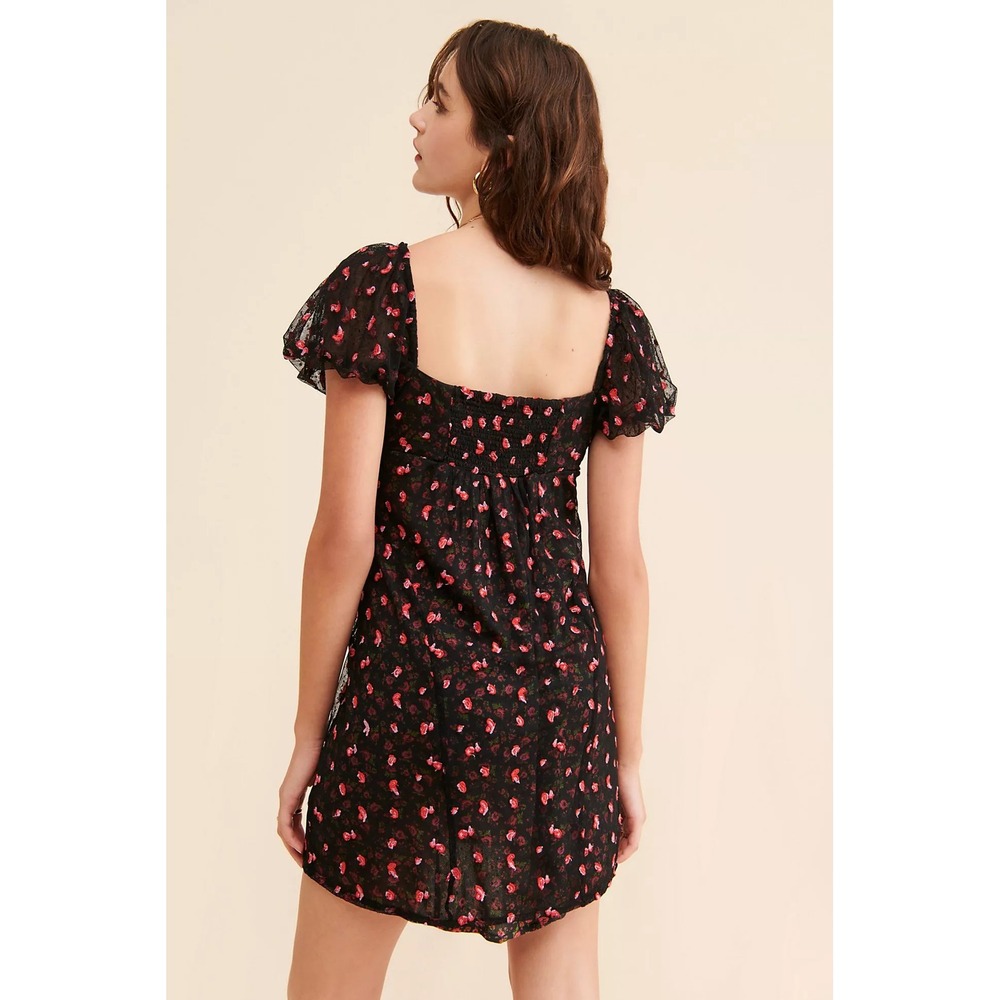 Free People Black Mini Dress with Pink Floral Print Whimsy Goth - Picture 2 of 12